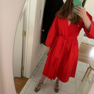 Zara red poplin belted midi dress